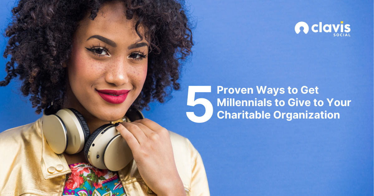 5 Proven Ways to Get Millennials to Give in text, smiling millenial woman with headphones